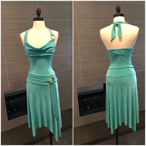 New aqua halter dress with an asymmetrical hem.